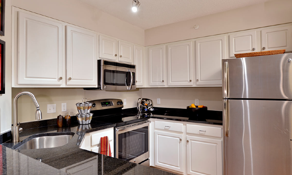 Kitchen, black granite, stainless steel appliances